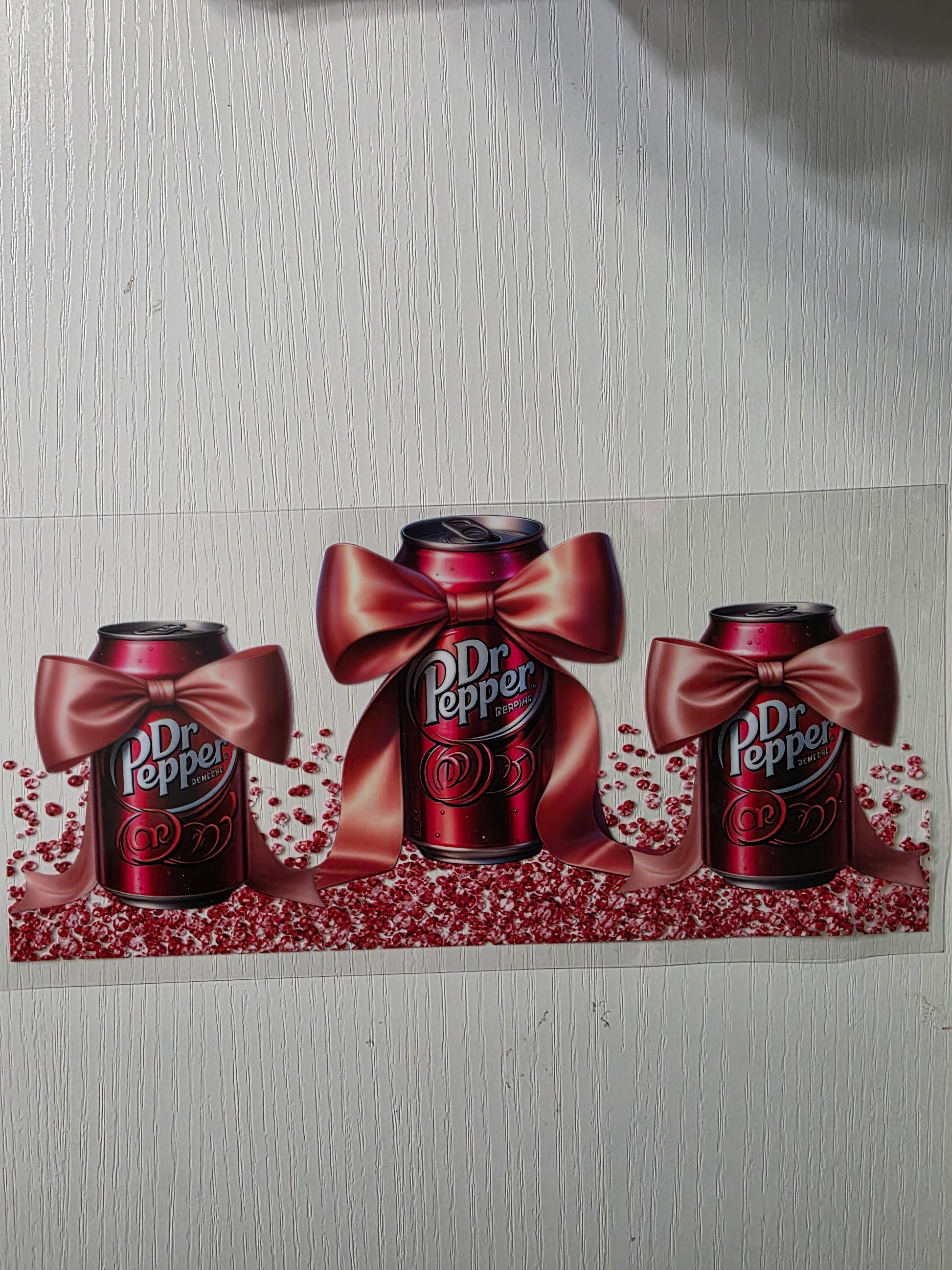 Dr Pepper cans & bows with glitter