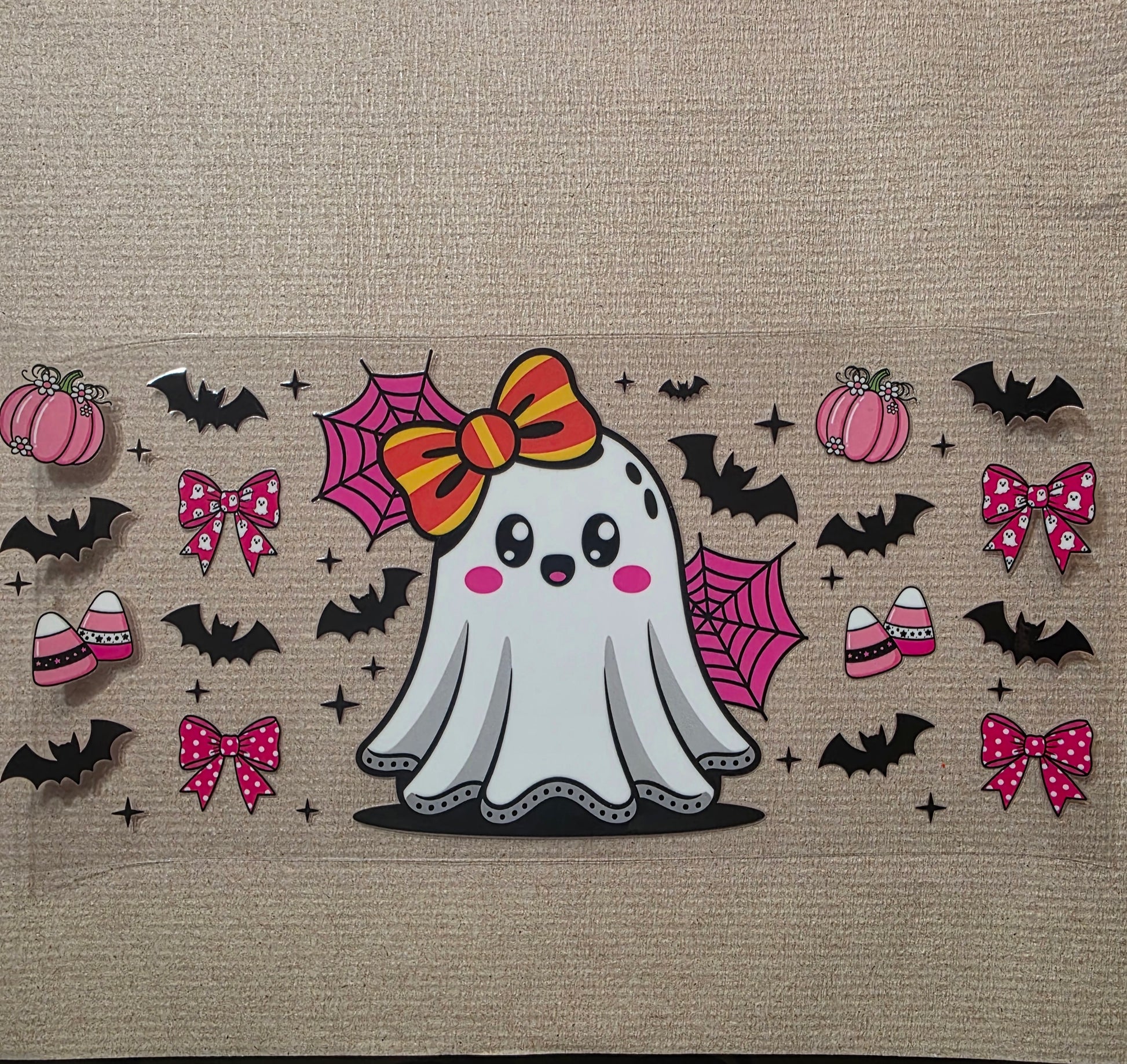 Cute ghosts w/ pink candy corn & pink webs